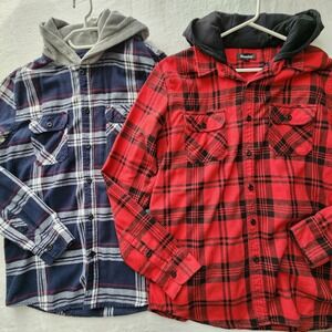 2 Bluenotes Hooded Flannel Shirts Mens Large Red Blue Plaid Grunge Lumberjack